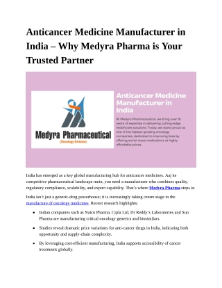 Anticancer Medicine Manufacturer in India – Why Medyra Pharma is Your Trusted Partner