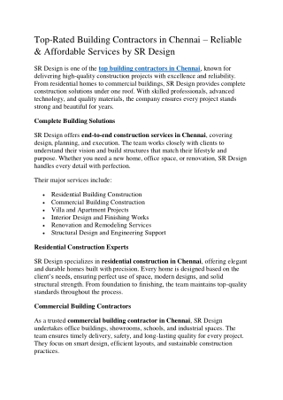Top-Rated Building Contractors in Chennai – Reliable & Affordable Services by SR Design