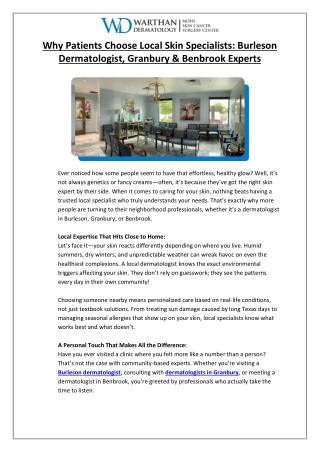 Why Patients Choose Local Skin Specialists- Burleson Dermatologist, Granbury & Benbrook Experts