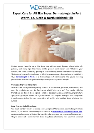 Expert Care for All Skin Types- Dermatologist in Fort Worth, TX, Aledo & North Richland Hills