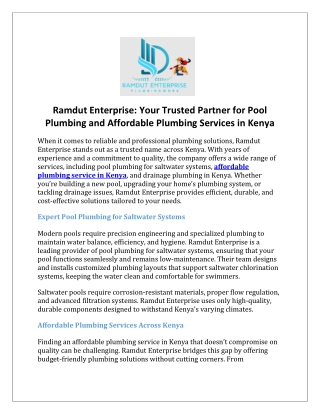 Ramdut Enterprise Your Trusted Partner for Pool Plumbing and Affordable Plumbing Services in Kenya
