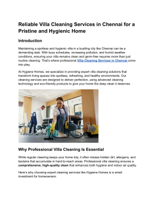 Reliable Villa Cleaning Services in Chennai for a Pristine and Hygienic Home