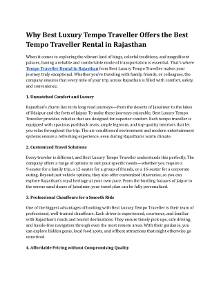 Why Best Luxury Tempo Traveller Offers the Best Tempo Traveller Rental in Rajasthan