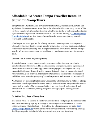 Affordable 12 Seater Tempo Traveller Rental in Jaipur for Group Tours