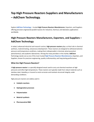 Top High Pressure Reactors Suppliers and Manufacturers – AdiChem Technology