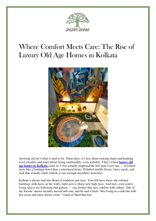 Luxury Old Age Homes in Kolkata | Premium Senior Living with Care