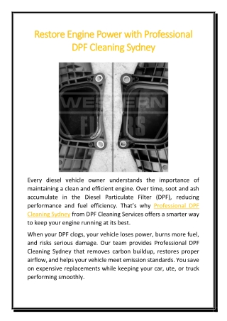 Restore Engine Power with Professional DPF Cleaning Sydney