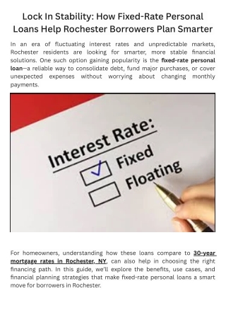 Lock In Stability How Fixed-Rate Personal Loans Help Rochester Borrowers Plan Smarter