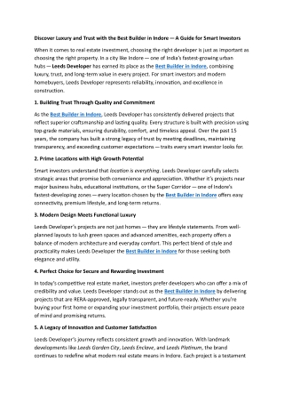 Discover Luxury and Trust with the Best Builder in Indore