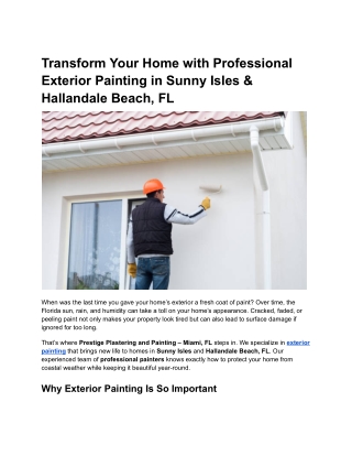 Transform Your Home with Professional Exterior Painting in Sunny Isles & Halland
