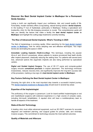 Discover the Best Dental Implant Center in Madhapur for a Permanent Smile Solution