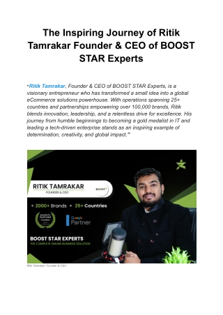 The Inspiring Journey of Ritik Tamrakar Founder & CEO of BOOST STAR Experts