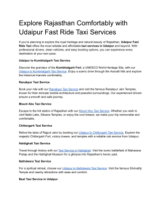 Explore Rajasthan Comfortably with Udaipur Fast Ride Taxi Services