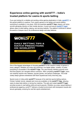 Experience online gaming with world777 – India’s trusted platform for casino & s