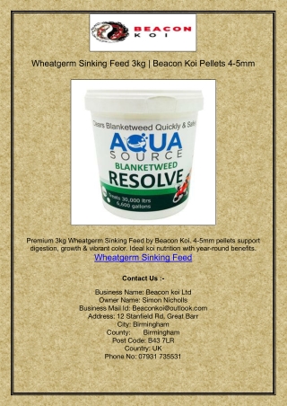 Wheatgerm Sinking Feed 3kg | Beacon Koi Pellets 4-5mm
