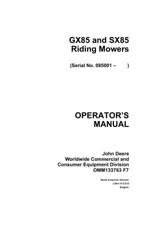 John Deere GX85 Riding Mowers Operator’s Manual Instant Download (Pin.085001-) (Publication No.OMM133763)