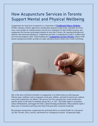 How Acupuncture Services in Toronto Support Mental and Physical Wellbeing