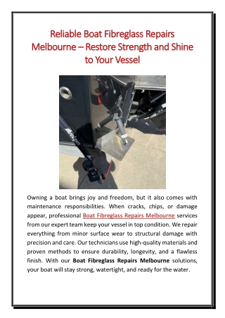 Reliable Boat Fibreglass Repairs Melbourne – Restore Strength and Shine to Your Vessel