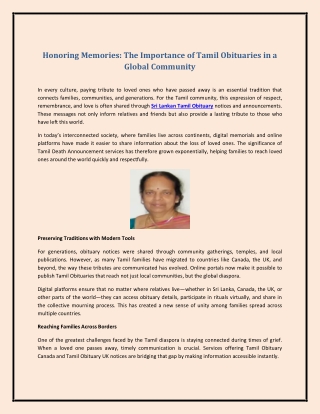 Honoring Memories: The Importance of Tamil Obituaries in a Global Community