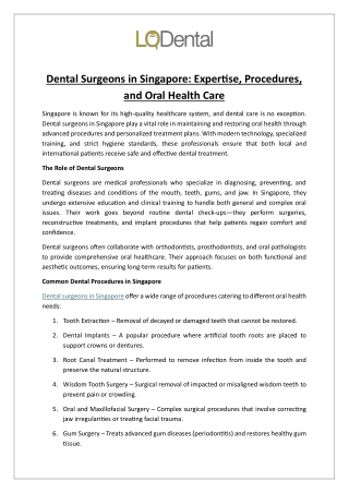 Dental Surgeons in Singapore: Expertise, Procedures, and Oral Health Care