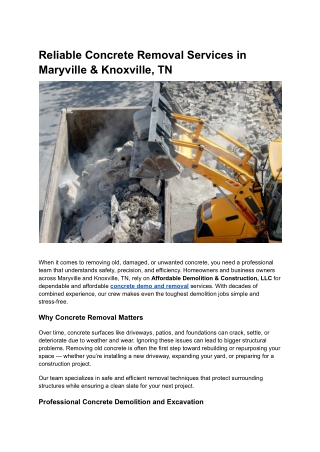 Reliable Concrete Removal Services in Maryville & Knoxville, TN