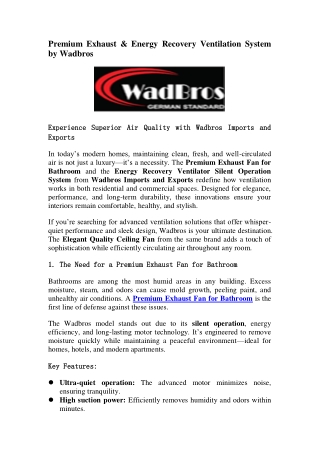 Premium Exhaust & Energy Recovery Ventilation System by Wadbros