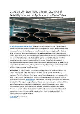 Gr. A1 Carbon Steel Pipes & Tubes: Quality and  Reliability in Industrial Applic