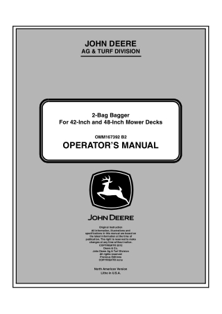 John Deere 2-Bag Bagger For 42-Inch and 48-Inch Mower Decks Operator’s Manual Instant Download (Publication No.OMM167392