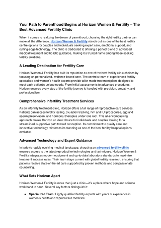 Your Path to Parenthood Begins at Horizon Women & Fertility – The Best Advanced Fertility Clinic