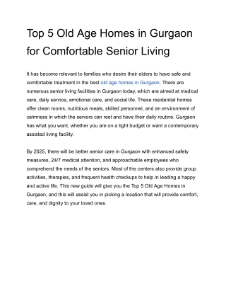 Top 5 Old Age Homes in Gurgaon for Comfortable Senior Living