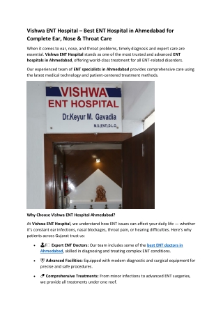 Vishwa ENT Hospital – Best ENT Hospital in Ahmedabad for Complete Ear, Nose & Throat Care