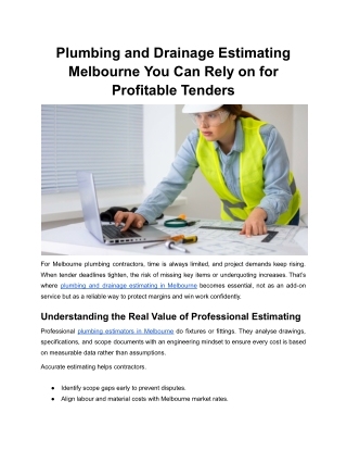 Plumbing and Drainage Estimating Melbourne You Can Rely on for Profitable Tenders