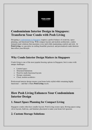 Condominium Interior Design in Singapore: Transform Your Condo with Posh Living