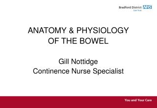 ANATOMY &amp; PHYSIOLOGY OF THE BOWEL Gill Nottidge Continence Nurse Specialist