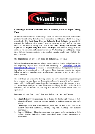 Centrifugal Fan for Industrial Dust Collector, Swan & Eagle Ceiling Fans