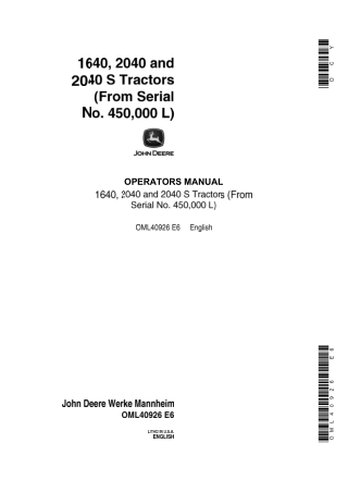 John Deere 1640 Tractors Operator’s Manual Instant Download (Pin.450000L) (Publication No.OML40926)