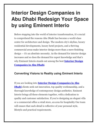 Interior Design Companies in Abu Dhabi Redesign Your Space by using Eminent Interio