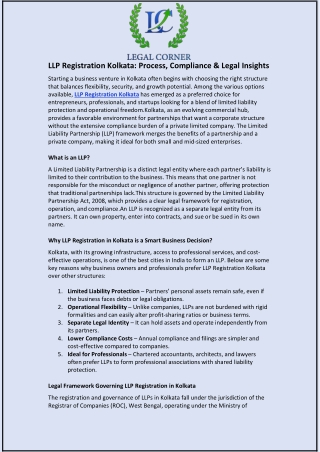 LLP Registration Kolkata and Process, Compliance & Legal Insights