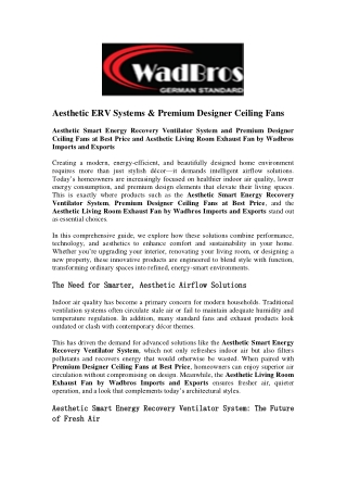 Aesthetic ERV Systems & Premium Designer Ceiling Fans