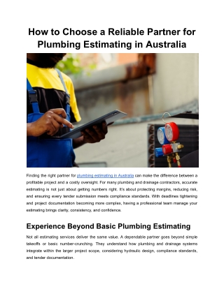 How to Choose a Reliable Partner for Plumbing Estimating in Australia