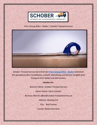 Preis Umzug Wien – Baden  Schober Transportservice