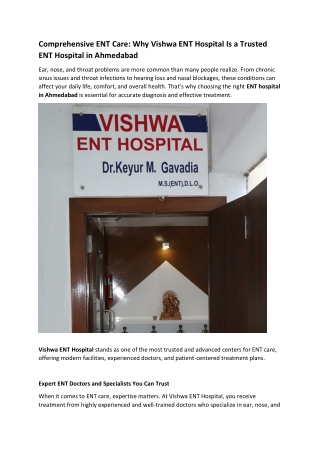 Comprehensive ENT Care Why Vishwa ENT Hospital Is a Trusted ENT Hospital in Ahmedabad