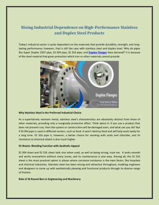 Rising Industrial Dependence on High-Performance Stainless and Duplex Steel Prod