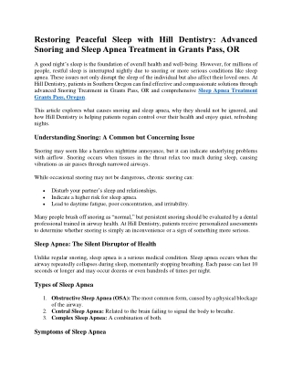 Restoring Peaceful Sleep with Hill Dentistry: Advanced Snoring and Sleep Apnea
