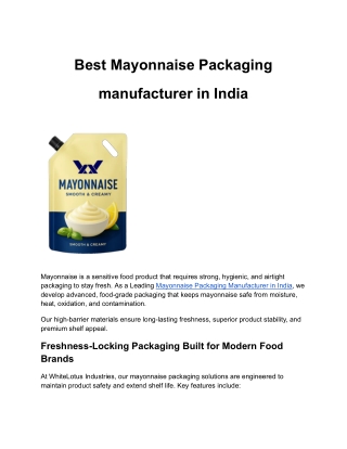 Best Mayonnaise Packaging manufacturer in India 
