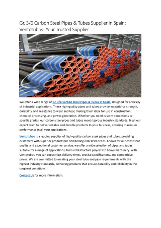 Gr. 3/6 Carbon Steel Pipes & Tubes Supplier in Spain:  Ventotubos - Your Trusted