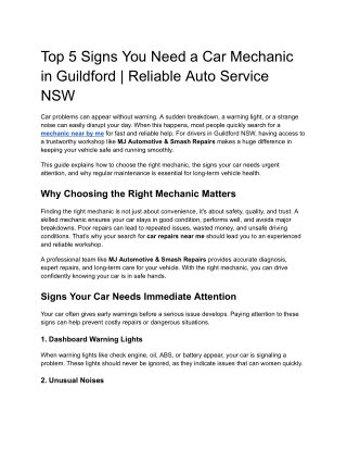 Top 5 Signs You Need a Car Mechanic in Guildford | Reliable Auto Service NSW