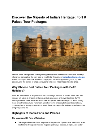 Discover the Majesty of India’s Heritage: Fort & Palace Tour Packages