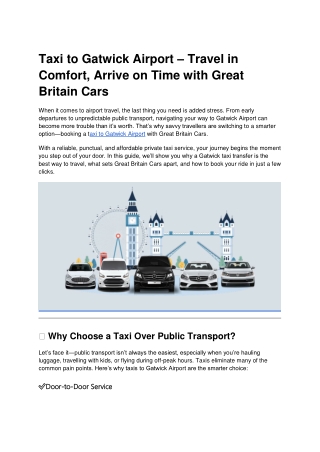 Taxi to Gatwick Airport – Travel in Comfort, Arrive on Time with Great Britain Cars