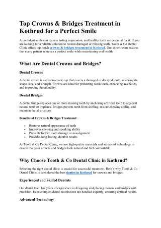 Top Crowns & Bridges Treatment in Kothrud for a Perfect Smile